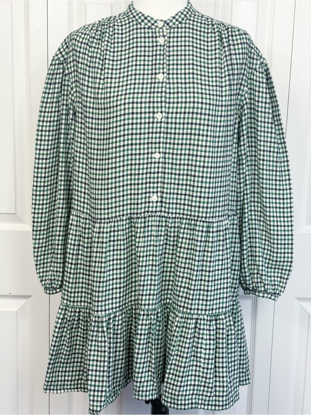 GAP Green & Navy Blue Plaid Print Flannel Tiered Tunic Mini Dress Large